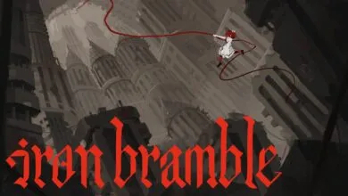 Illustration of a girl with red hair and a red ribbon in a gothic cityscape.