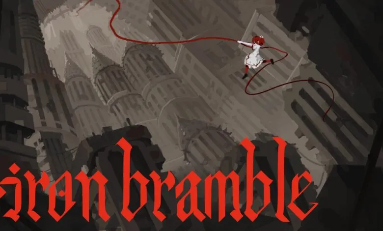Illustration of a girl with red hair and a red ribbon in a gothic cityscape.