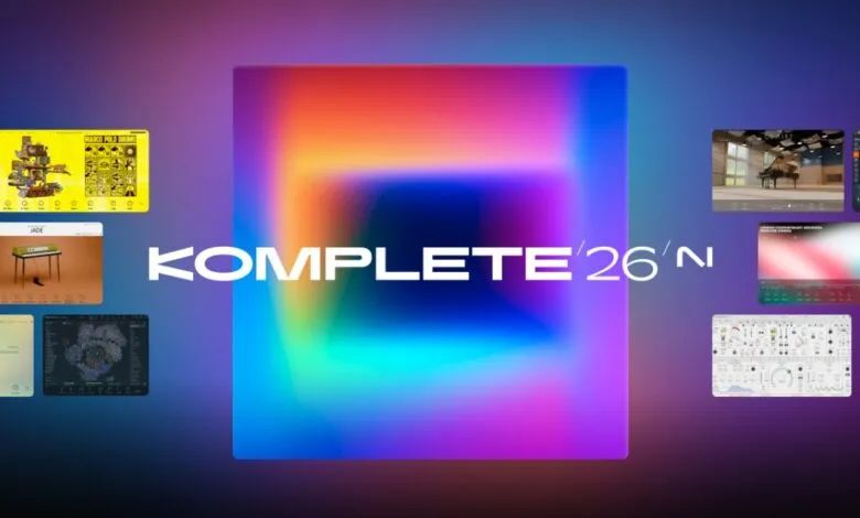 Komplete 26 software suite interface with colorful background.