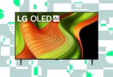 LG OLED AI TV on display with abstract colorful screen.