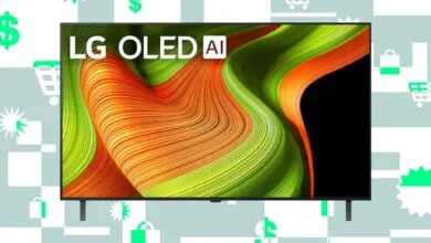 LG OLED AI TV on display with abstract colorful screen.