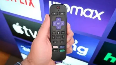 Hand holding Roku remote with streaming apps on TV screen in background.