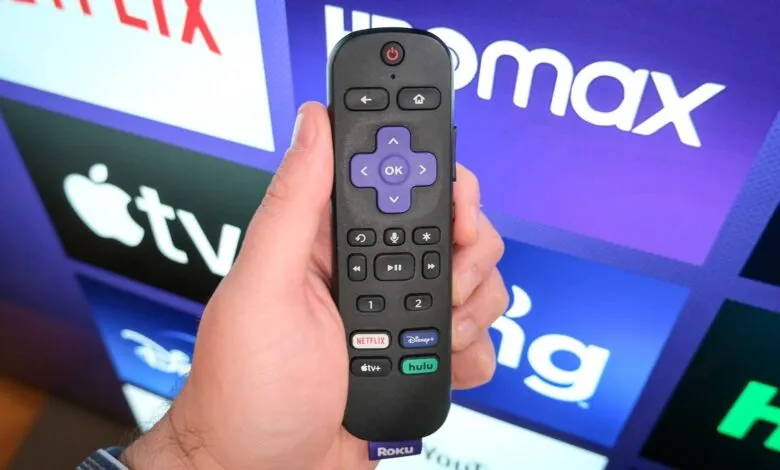 Hand holding Roku remote with streaming apps on TV screen in background.