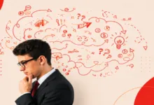 Man in suit thinking with idea doodles above his head.