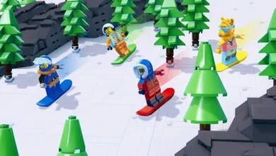 Lego figures snowboarding down a snowy mountain, surrounded by green Lego trees.