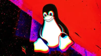 Linux Tux penguin logo with red/cyan glitch effect on colorful background.