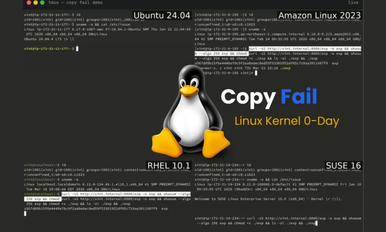 Linux kernel 0-day vulnerability demo with Tux penguin mascot and terminal outputs.