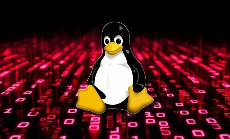 Tux the Linux penguin mascot sitting against a binary code background.