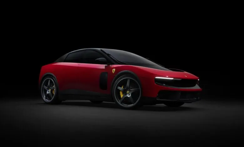 Sleek red Ferrari Purosangue SUV with black accents on a dark background.