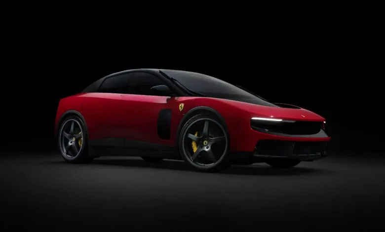 Red Ferrari Purosangue SUV with black accents on a dark background.