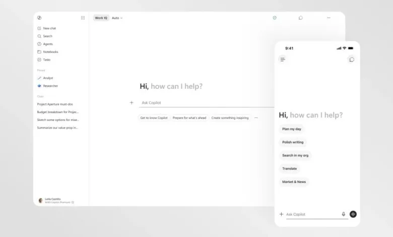 Microsoft 365 Copilot interface on desktop and mobile, asking 'Hi, how can I help?'