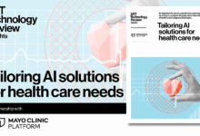 MIT Technology Review Insights cover: Tailoring AI solutions for healthcare needs.