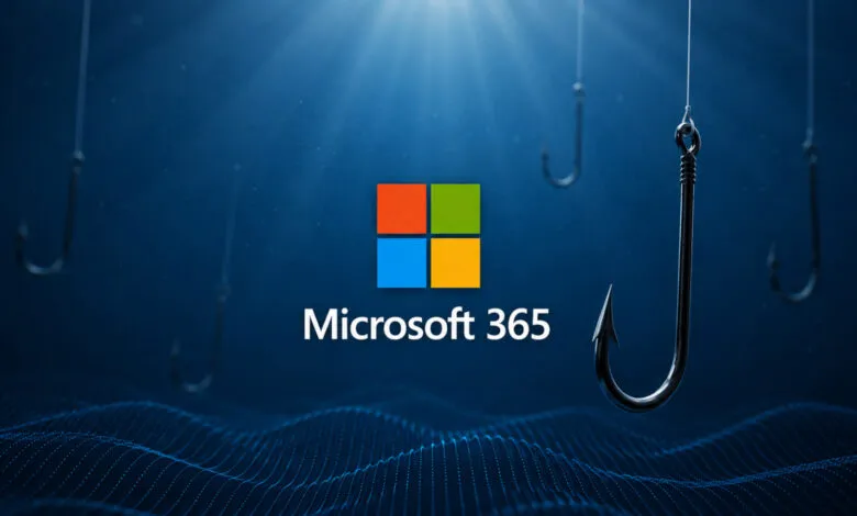 Microsoft 365 logo with fishing hooks, suggesting phishing.