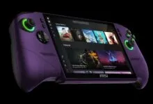 Purple MSI Claw handheld gaming device with game selection screen.