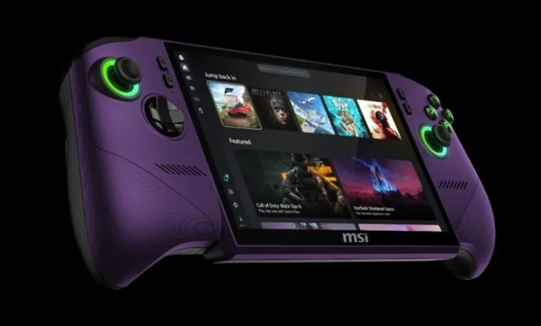 Purple MSI Claw handheld gaming device with game selection screen.