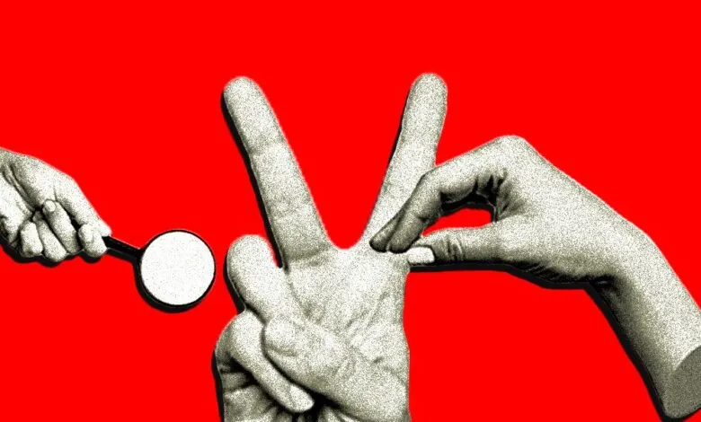 Three hands interact against a vibrant red backdrop, one holding a magnifying glass.