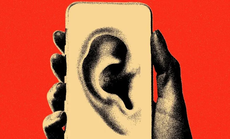 Hand holding phone with large ear graphic, suggesting active listening.