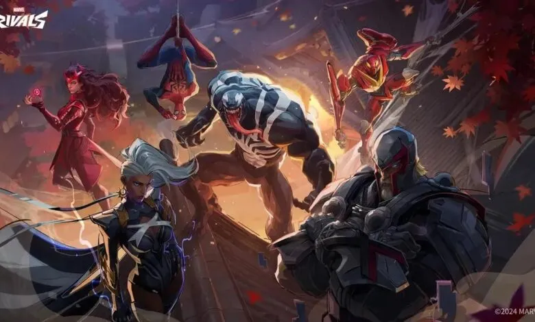 Marvel Rivals promotional art featuring Spider-Man, Venom, and other heroes.