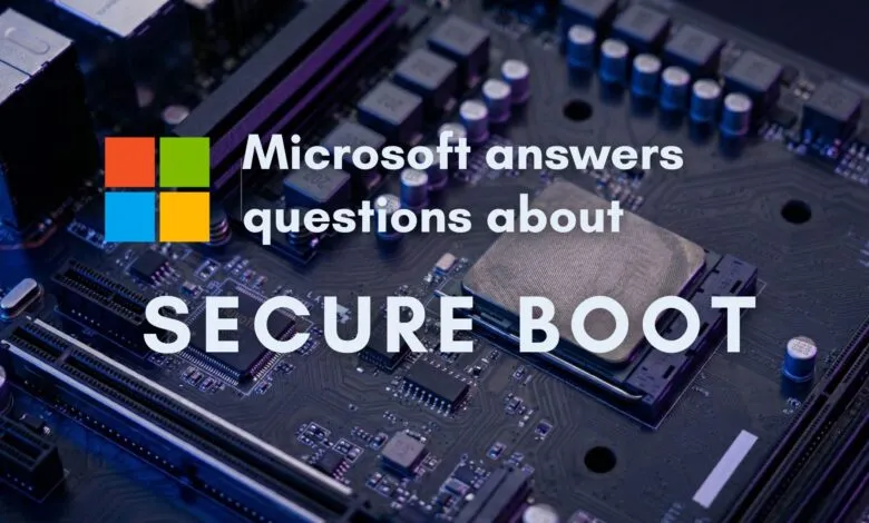Close-up of a motherboard with Microsoft logo and text about Secure Boot.