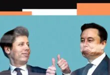 Sam Altman gives a thumbs up next to a displeased Elon Musk.