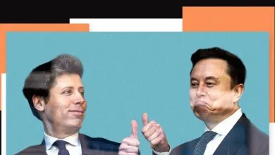 Sam Altman gives a thumbs up next to a displeased Elon Musk.