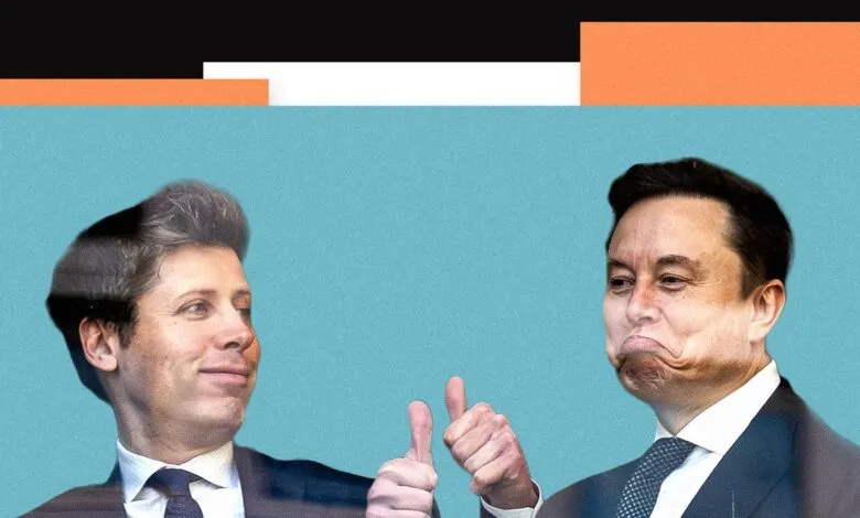 Sam Altman gives a thumbs up next to a displeased Elon Musk.