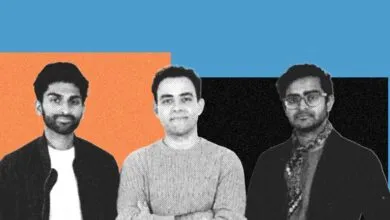 Three young men stand side-by-side against a geometric background.