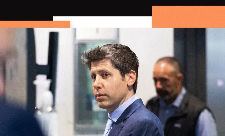 Sam Altman in a blue suit looks to the side with a serious expression.