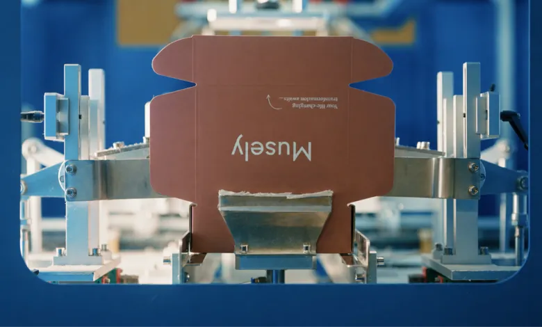 Musely box on automated packaging machine, ready for assembly.