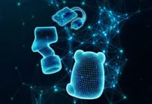 Wireframe rendering of circuit board, lamp, and bear against a network background.