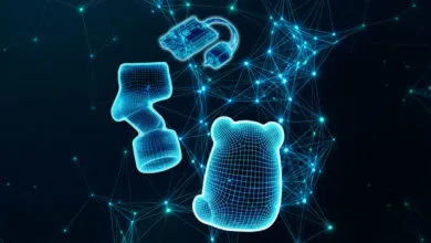 Wireframe rendering of circuit board, lamp, and bear against a network background.