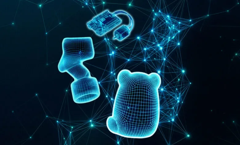 Wireframe rendering of circuit board, lamp, and bear against a network background.