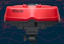 Close-up of a red and black Nintendo Virtual Boy console.