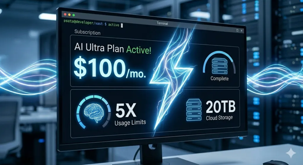 Computer monitor displaying AI Ultra Plan subscription details with lightning bolt graphic.