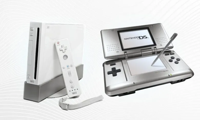 Nintendo Wii console and controller with a Nintendo DS handheld gaming system.