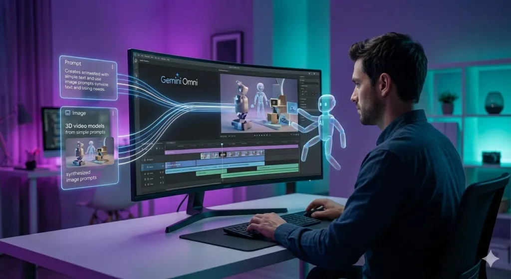 Man uses AI video editing software on a large monitor, creating 3D models.
