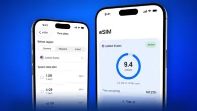 Two iPhones displaying an eSIM data plan selection and usage screen.