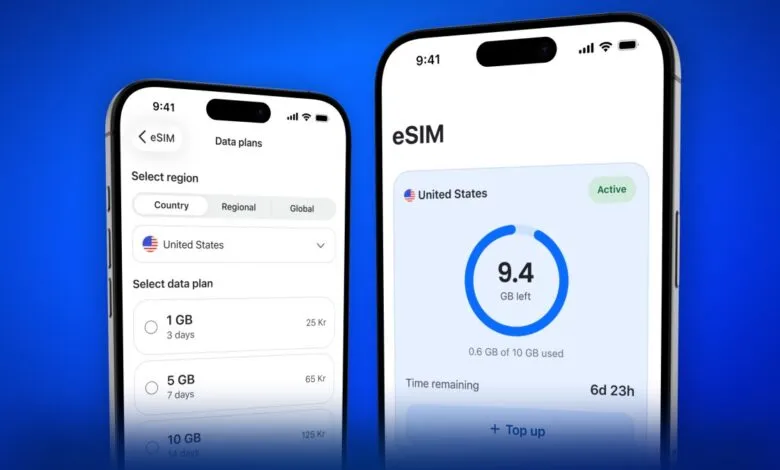 Two iPhones displaying an eSIM data plan selection and usage screen.