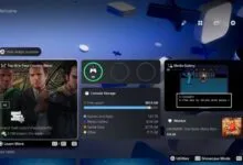 PlayStation 5 home screen showing game tiles, storage info, and media gallery.