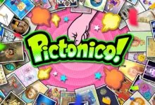 Pictonico game logo surrounded by various cartoon images and shapes.