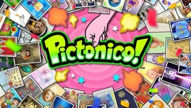 Pictonico game logo surrounded by various cartoon images and shapes.