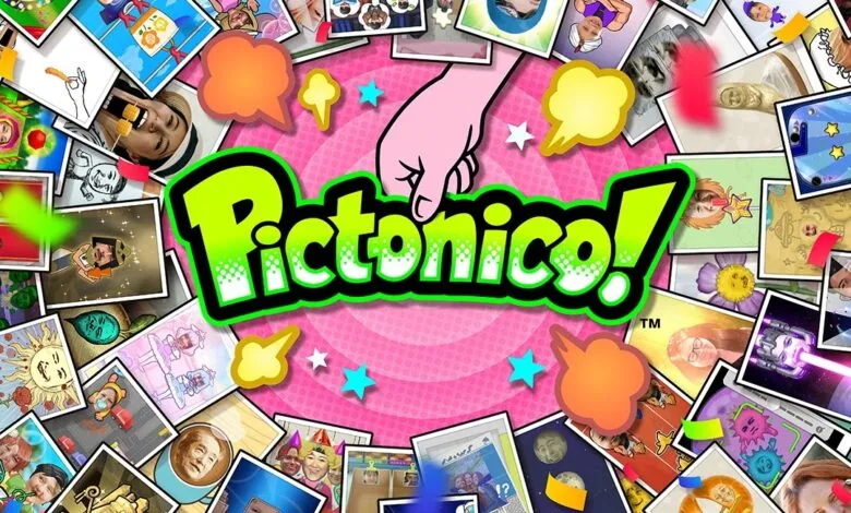 Pictonico game logo surrounded by various cartoon images and shapes.