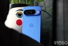 Blue Google Pixel phone with dual camera, next to a clown-faced planter.