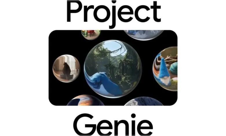 Project Genie logo with various scenes reflected in glass spheres.