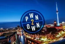 Pwn2Own logo over a nighttime cityscape of Berlin, Germany.