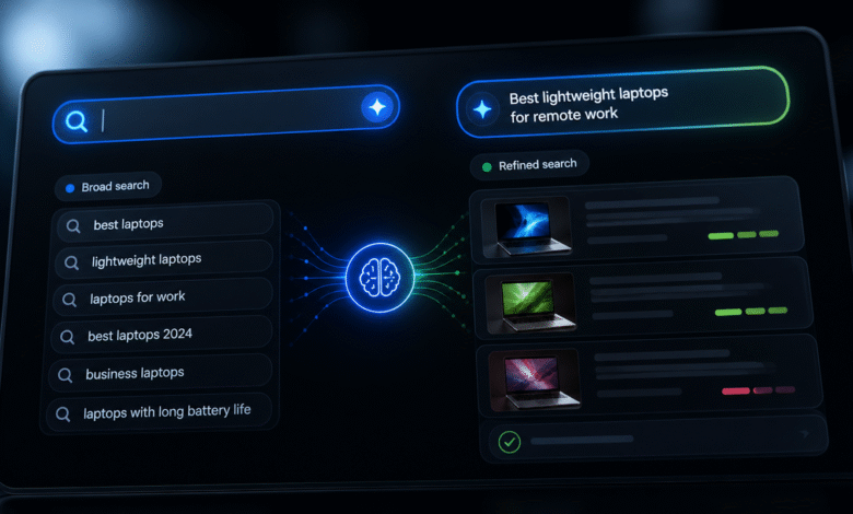 Laptop search interface showing broad and refined search results.