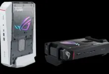 Two ROG NUC gaming PCs, one vertical and one horizontal, on black background.
