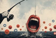 Fishing rod with mouth bait surrounded by angry and like emojis in the ocean.