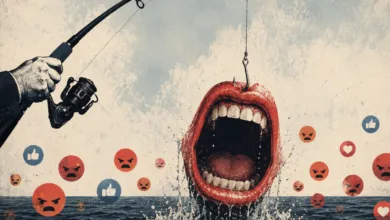 Fishing rod with mouth bait surrounded by angry and like emojis in the ocean.