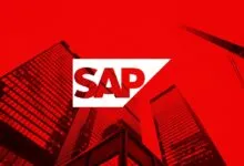 SAP logo over a red cityscape with tall buildings.